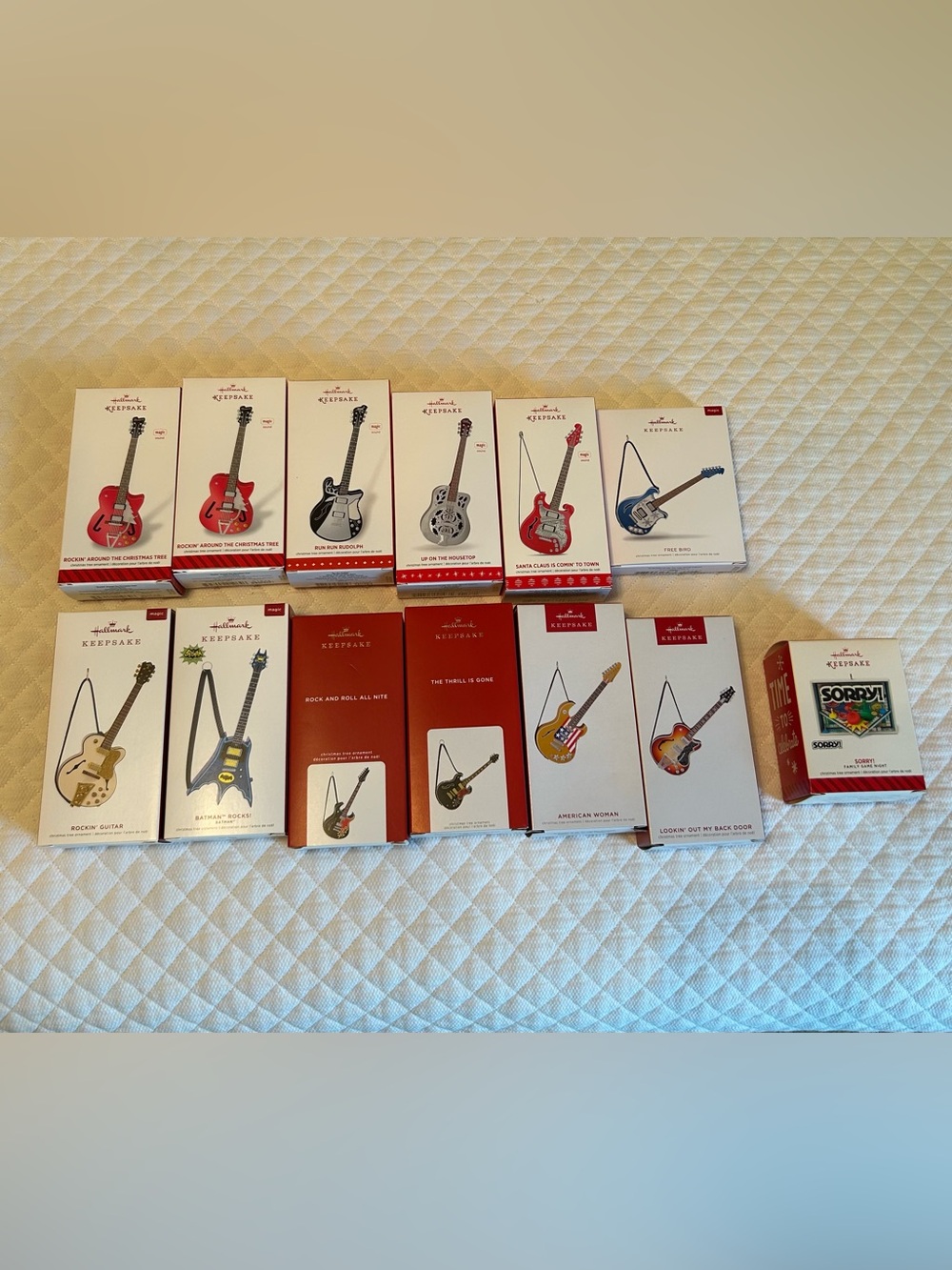 Hallmark Christmas Ornaments Guitar Collection 2014-2023 and Sorry Game Ornament